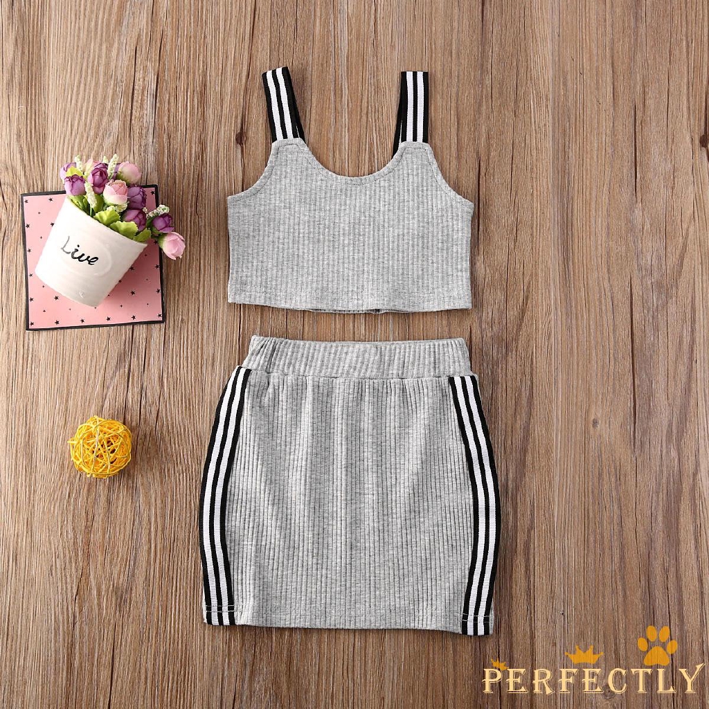 Set Áo Croptop Sát Nách Hở Lưng + Chân Váy Bút Chì Cho Bé Gái