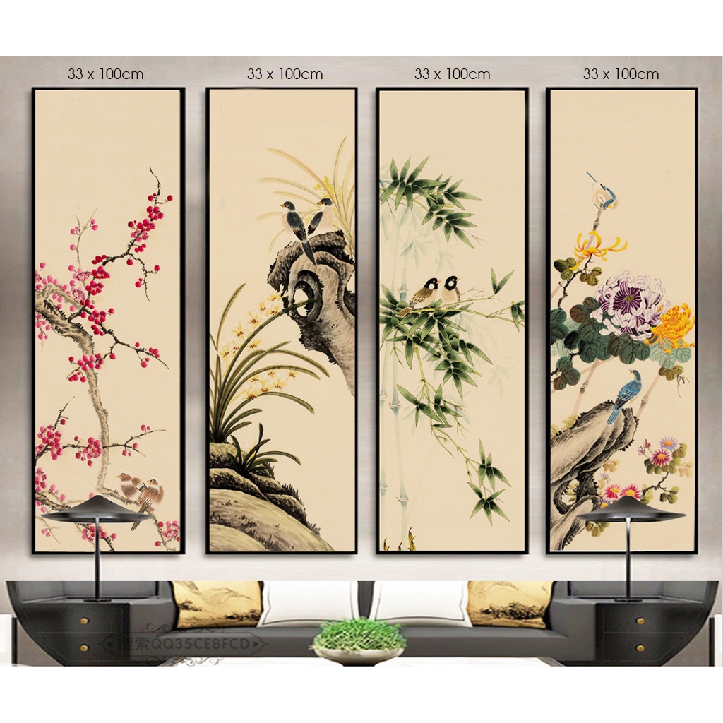 Tranh tứ quý treo tường, chất liệu vải Canvas nhập khẩu cao cấp , có khung nổi