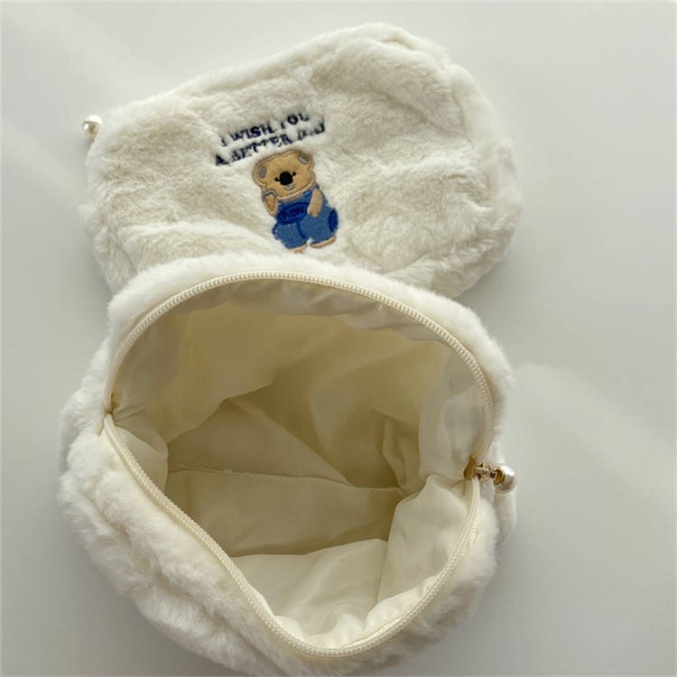 Túi Đựng Bút / Tiền Xu Bằng Lông Nhung Mềm Thêu Họa Tiết Hoạt Hình Phong Cách Hàn Quốc Cho Nữ Ốp