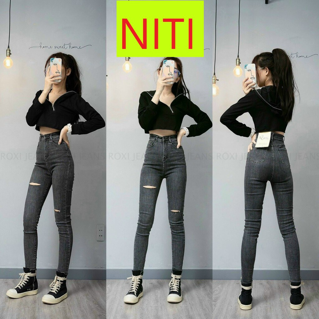 [ NGƯỜI ƠI ] QUẦN SKINNY JEAN GIÃN DÀI NỮ LƯNG CAO RÁCH 2 ĐÙI LỆCH MÀU XÁM LAI CUỐN CAO CẤP NITI HOT TẬN TRỜI
