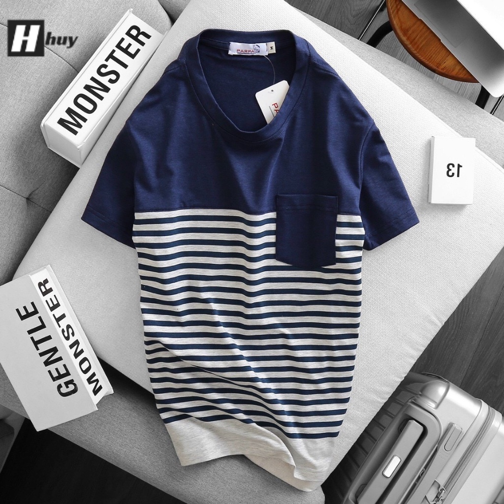 Áo thun nam cổ tròn phối túi, in họa tiết kẻ sọc, vải cotton, form oversize co giãn thoải mái