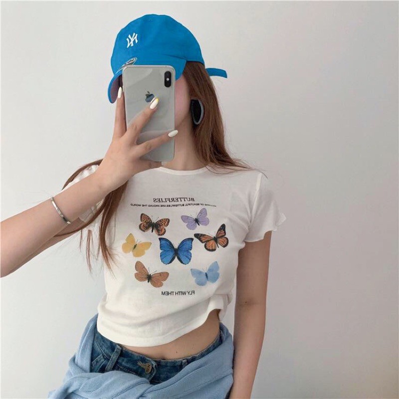 (Sẵn) Áo croptop butterfly dáng ôm thun tăm phong cách hàn quốc (ảnh thật cuối)