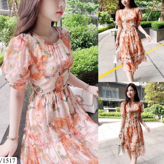 Váy maxi hoa hồng cam đi biển siêu đẹp- hàng thiết kế