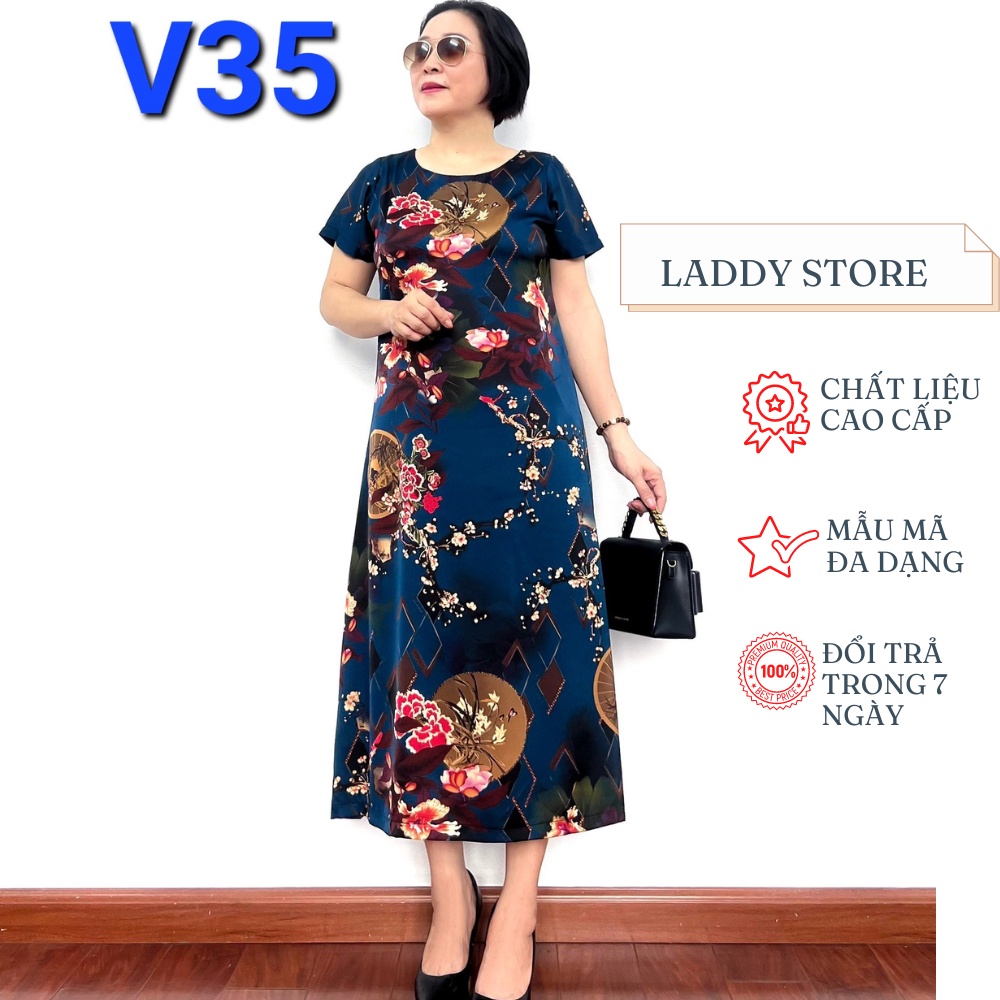 Đầm Trung Niên Chất Liệu Lụa Satin Họa Tiết Cực Đẹp 2022 - Laddy Store