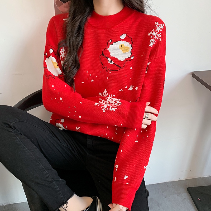 Áo sweater IELGY tay dài cổ tròn in họa tiết giáng sinh màu đỏ/ đen thời trang dành cho nữ