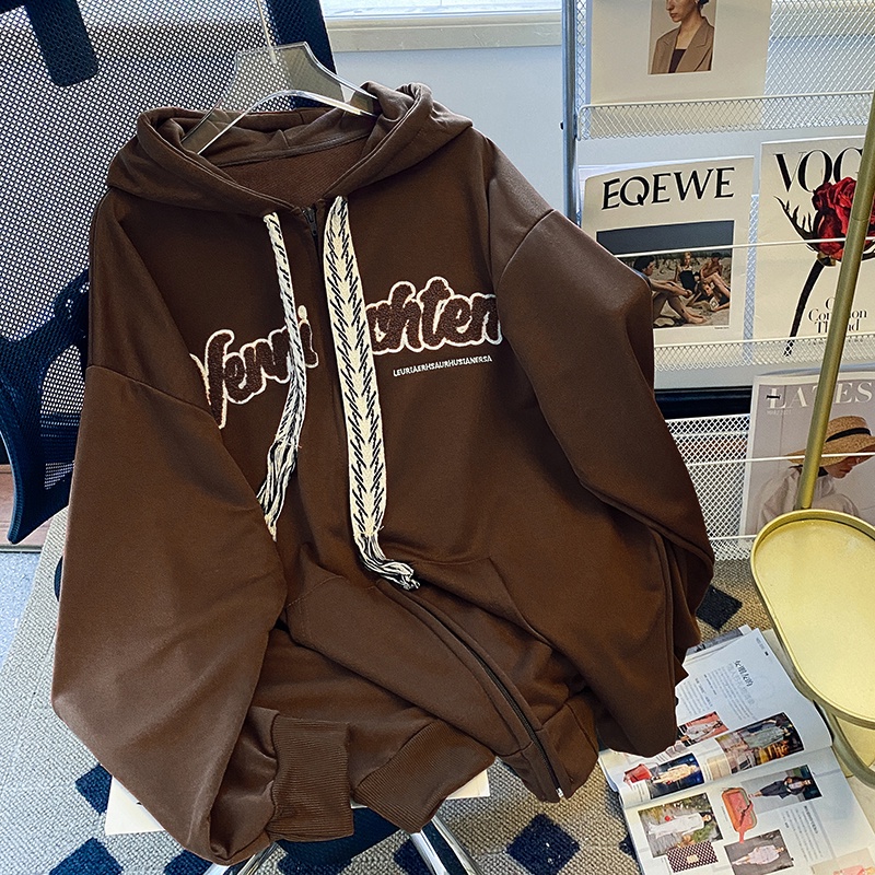 ZHELIHANGFEI Áo Hoodie Tay Dài Form Rộng Họa Tiết Thêu Theo Phong Cách Nhật Bản