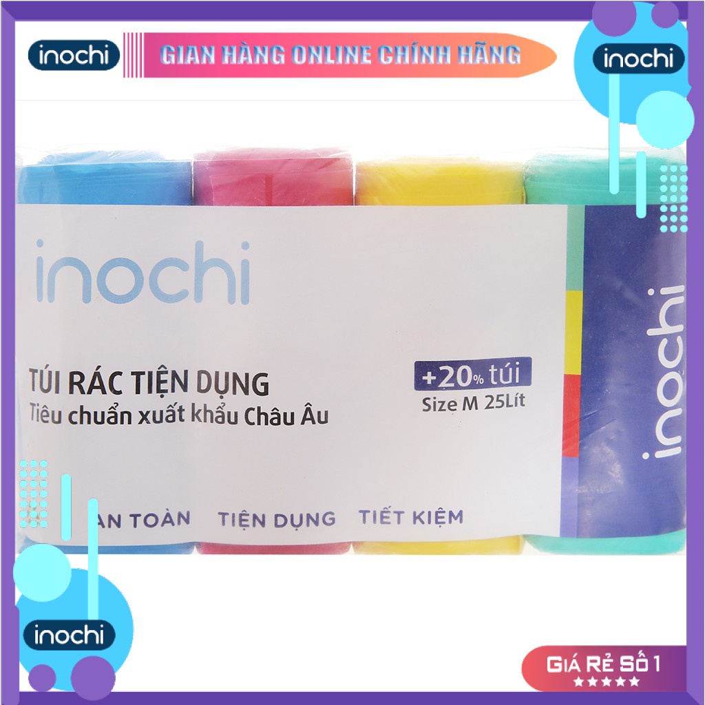 Lô 4 cuộn túi rác Inochi tiện dụng 25L (nhiều màu)