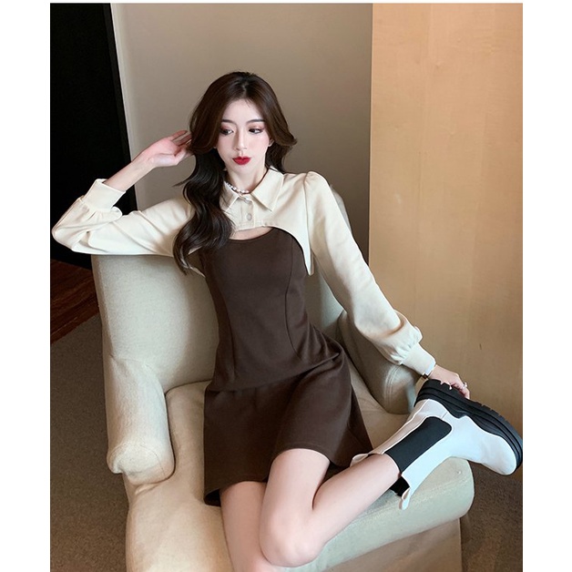 Set váy đầm nữ 2 món cài cúc đen nâu Ylydress freesize dáng A tôn dáng phong cách ulzzang hàn quốc C644 | BigBuy360 - bigbuy360.vn