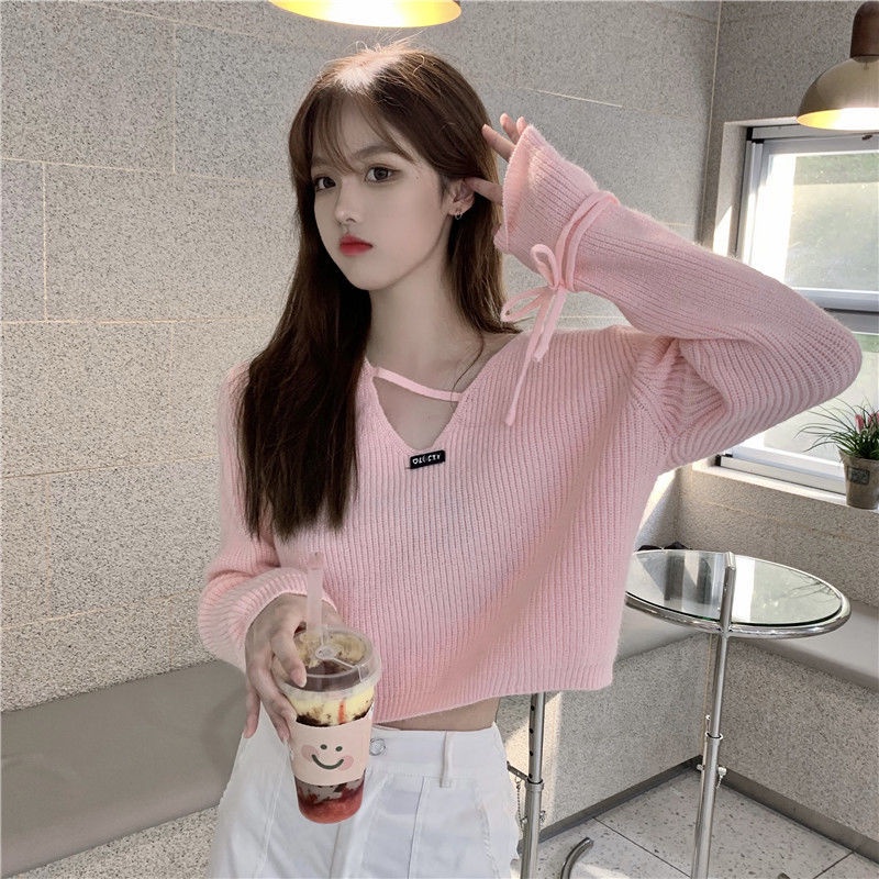 Áo Nữ Dệt Kim Tay Dài Cổ Chữ V Thời Trang Cá Tính