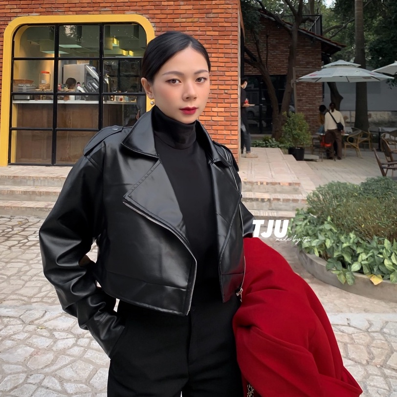 Áo khoác da nữ dáng ngắn 2 lớp , áo khoác croptop, leather jacket, ulzzang, thiết kế T-Ju (trendy croptop)