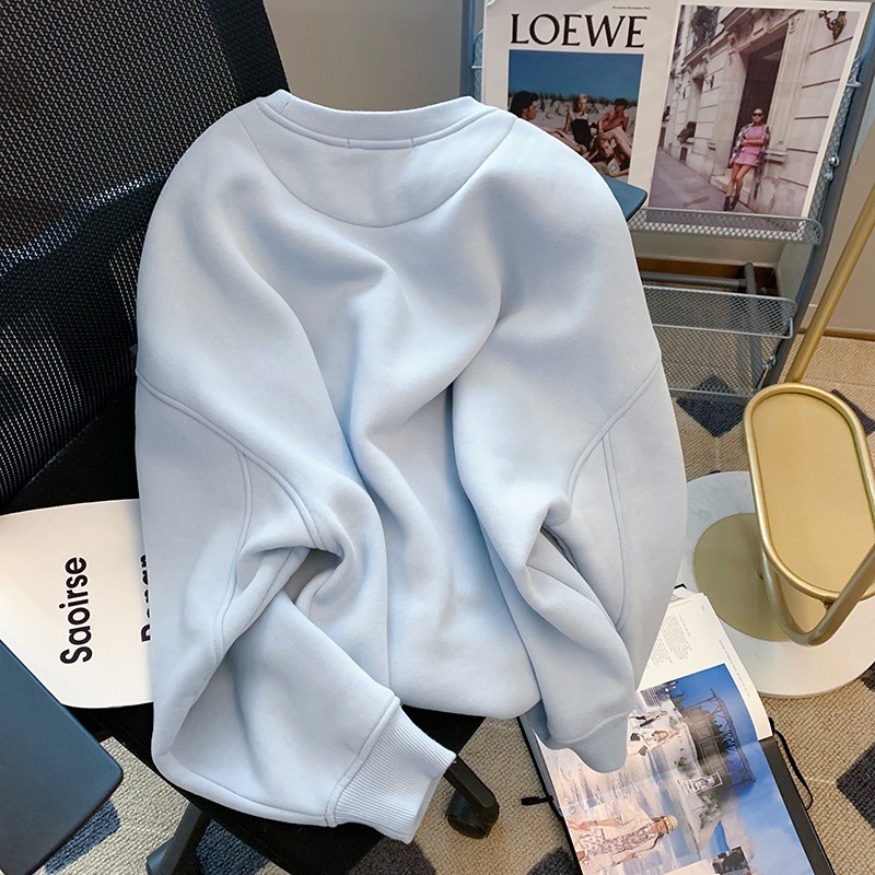 Mới Áo hoodie Nữ Cổ Tròn Dáng Rộng Màu Xanh Dương