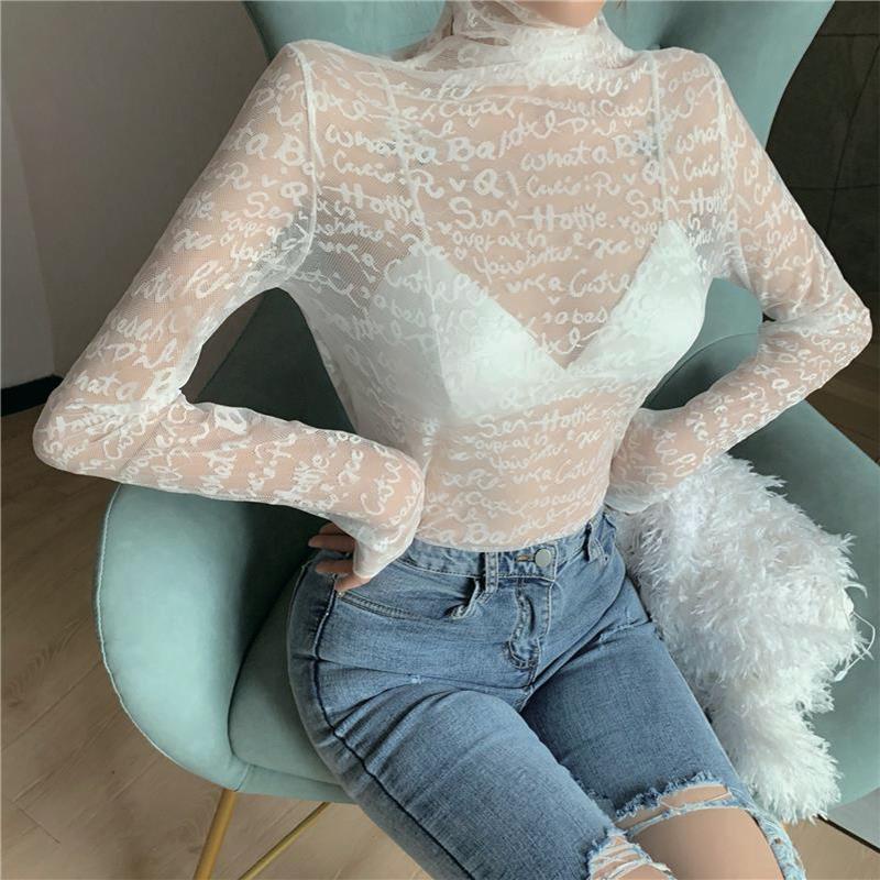 Áo sơ mi kiểu lưới nhìn thấu in chữ thời trang phương Tây thoáng khí cho nữ