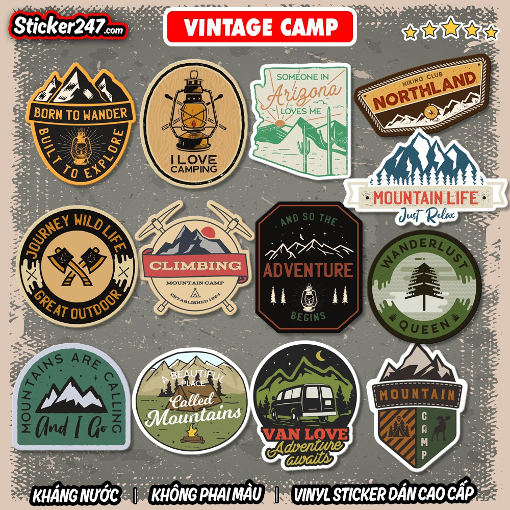 Sticker Labels Vintage Cắm Trại 𝑭𝒓𝒆𝒆𝒔𝒉𝒊𝒑 Sticker Dán Mũ Bảo Hiểm, Dán Vali, Đàn Guitar - Hình Dán Chống Thấm Nước