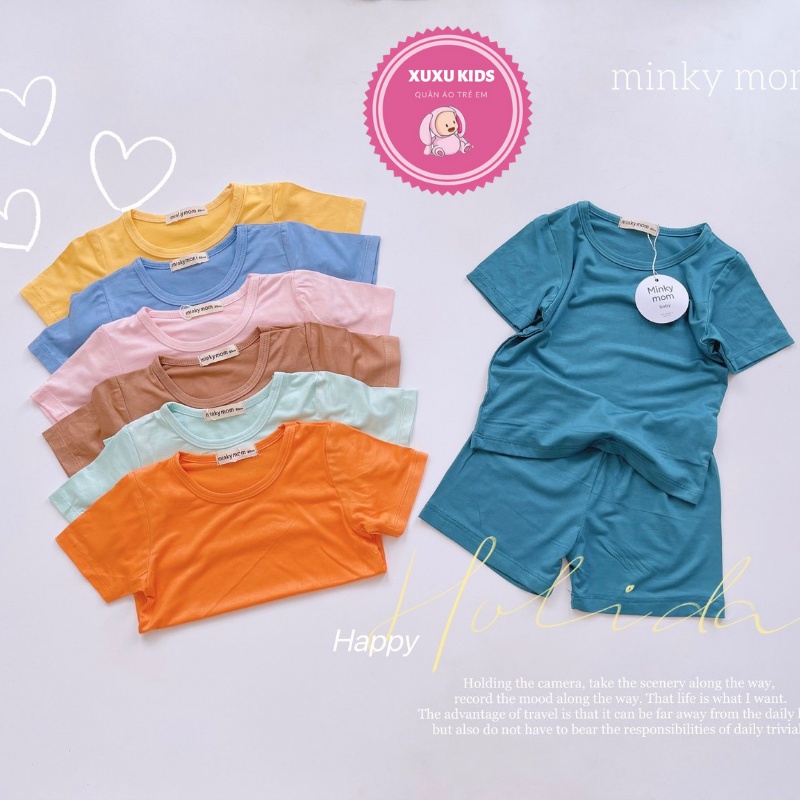 Bộ thun lạnh cho bé, bộ cộc tay Minkymom bé trai bé gái màu trơn basic mềm mướt mát lạnh Xu Xu Kids size từ 8 đến 18kg