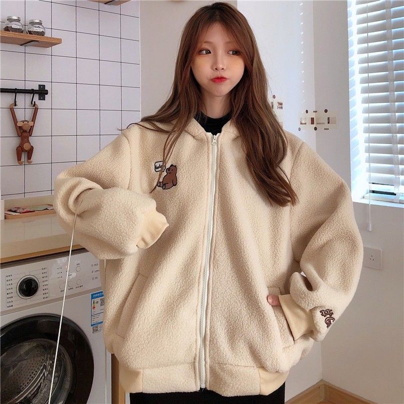 [ORDER] Áo khóac nữ vải bông dây kéo áo cực dễ thương thêu hình gấu có tai gấu cute ulzzang màu kem