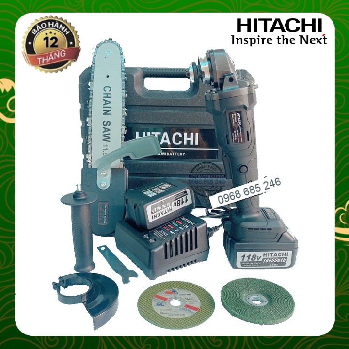 Máy mài cầm tay pin Hitachi 118V không chổi than  - 2 PIN - TẶNG LƯỠI CƯA XÍCH CẮT GỖ, ĐÁ MÀI, ĐÁ CẮT