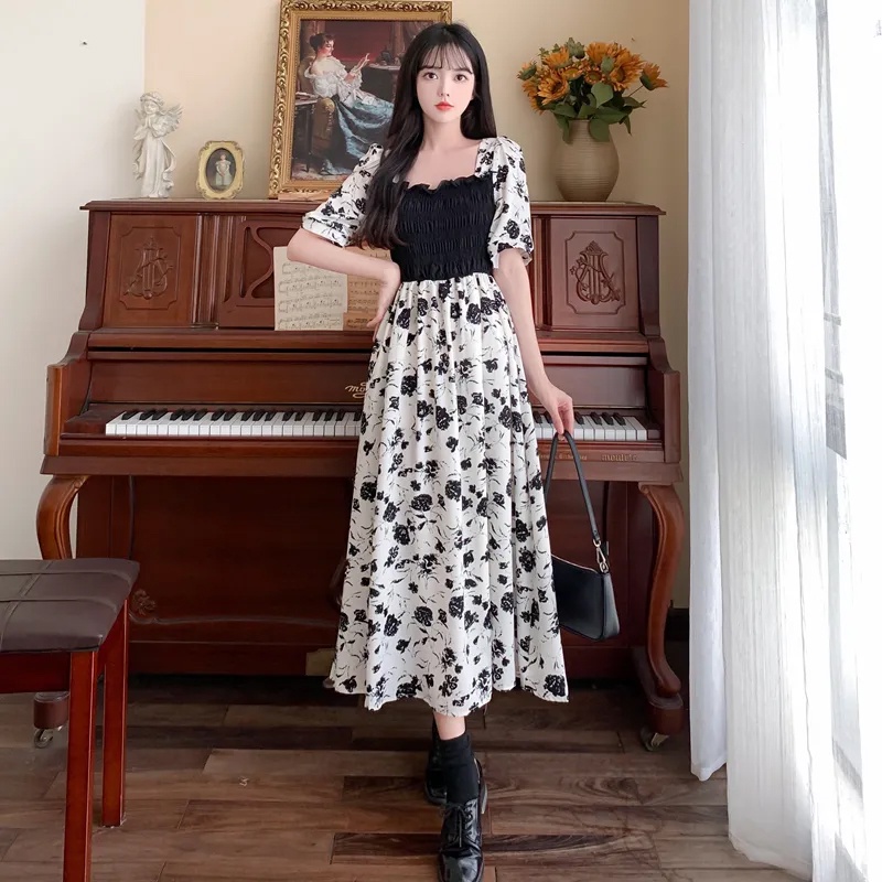 Đầm Cổ Vuông Dáng Rộng In Họa Tiết Hoa Hồng Phong Cách Pháp Thời Trang Mùa Hè Xinh Xắn Cho Nữ Plus Size