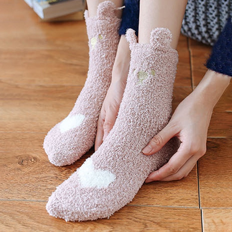 Vớ ngủ lông cừu san hô mềm mại giữ ấm họa tiết mèo dễ thương cho nữ