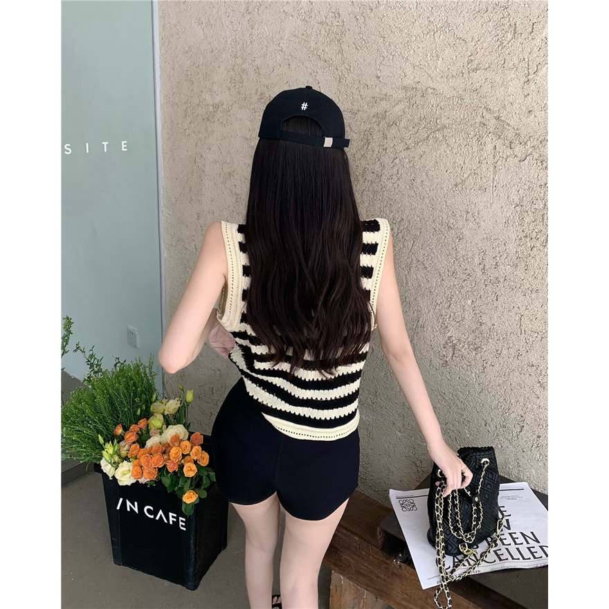 LALISAS Áo Len Không Tay Họa Tiết Kẻ Sọc Thời Trang Hàn Quốc Dễ Phối Đồ Cho Nữ