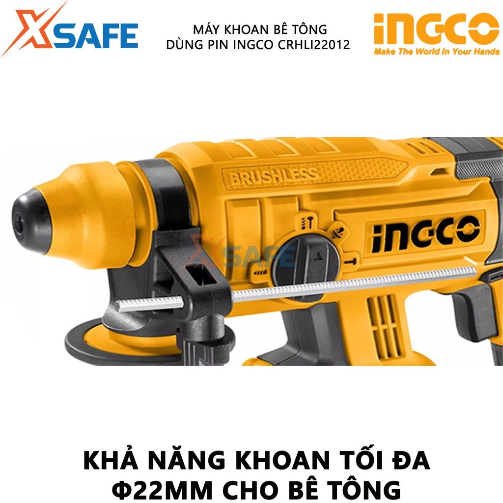 Máy khoan bê tông dùng pin 20V INGCO CRHLI22012 không chổi than, tốc độ 1350v/p, lực đập 1.5J, kèm 2 pin 4Ah 1 sạc