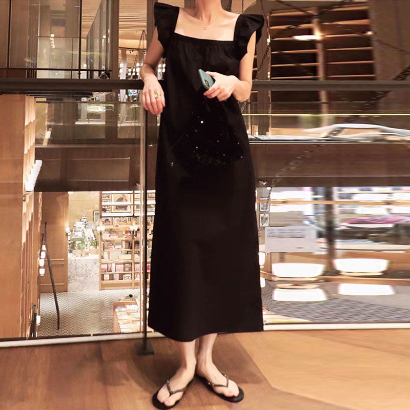 [LININ] Đầm Không Tay Cổ Vuông Dáng Rộng Màu Đen Phong Cách Hepburn Pháp Cổ Điển Thời Trang Mùa Hè