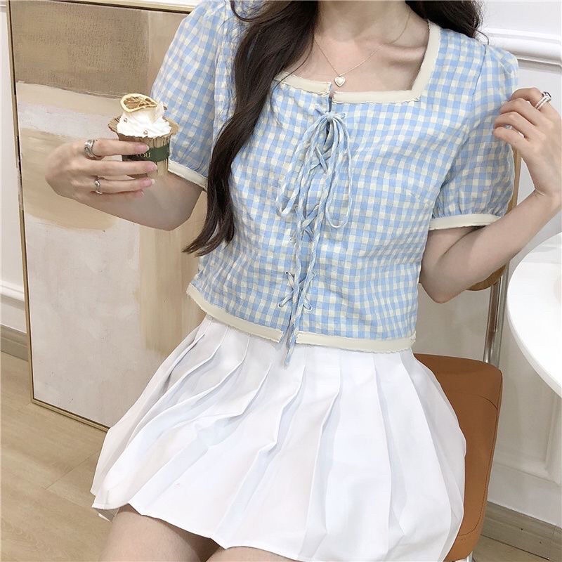 Áo Croptop cổ vuông tay ngắn phong cách Hàn Quốc mã QD097