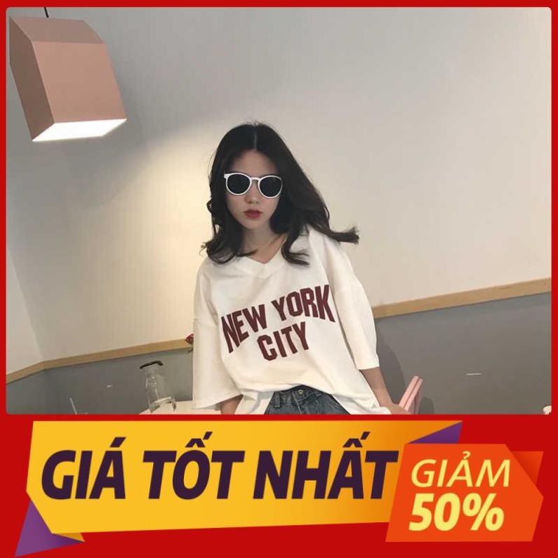 ÁO THUN FORM RỘNG NỮ CỔ V CHẤT VẢI THUN MÁT NEW YORK CITY ÁO NHÓM SATSUN ˇ