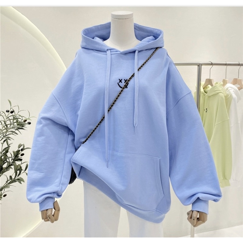 Áo hoodie form rộng Vải Nỉ Lót Bông Dày Dặn Thêu Mặt Cười Unisex