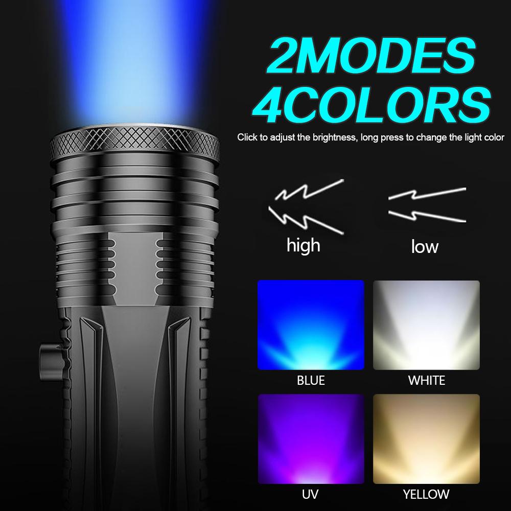 Mới đèn pin 4 bóng led ánh sáng trắng/ tím/ vàng chống thấm nước kèm giá đỡ tiện dụng