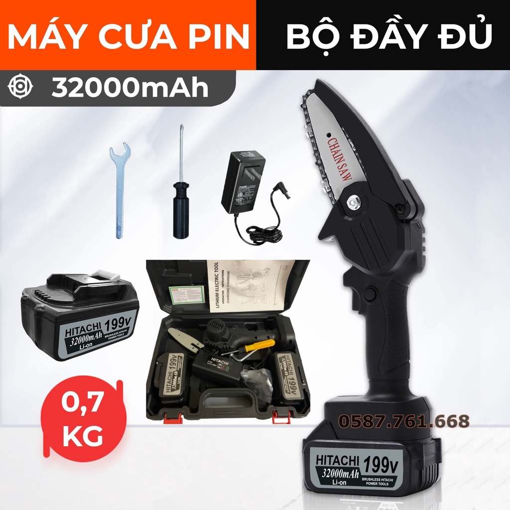 Máy cưa xích dùng pin cầm tay Hitachi 199V- Pin 10 cell - Lõi đồng [BH 2 NĂM ]