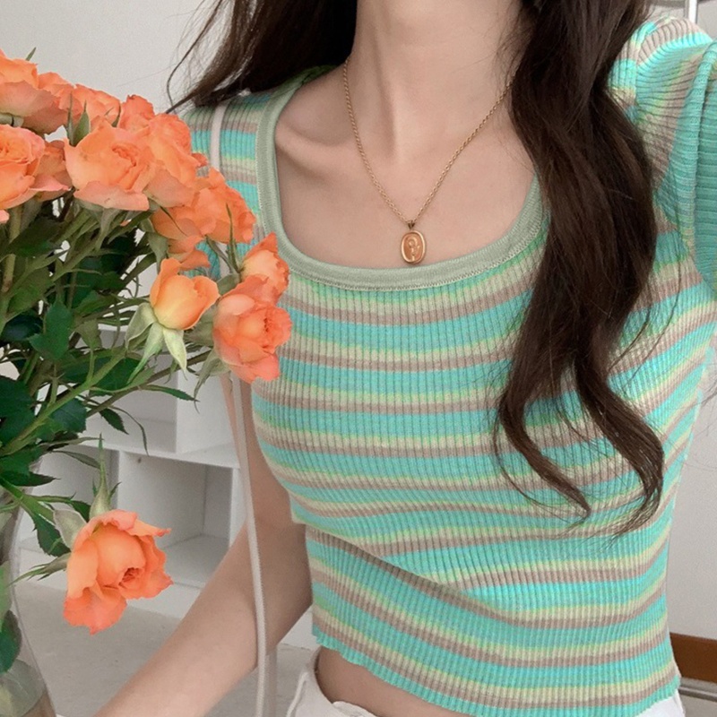 Áo Croptop Dệt Kim Tay Ngắn Cổ Vuông Họa Tiết Kẻ Sọc Màu Tương Phản Thời Trang Cho Nữ Bl