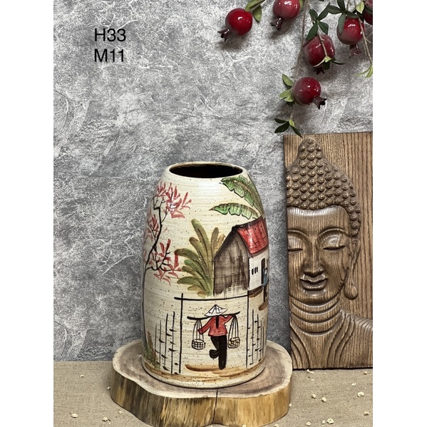 Bình hoa gốm dáng chuông men mộc vẽ tay- Gốm sứ Bát Tràng.