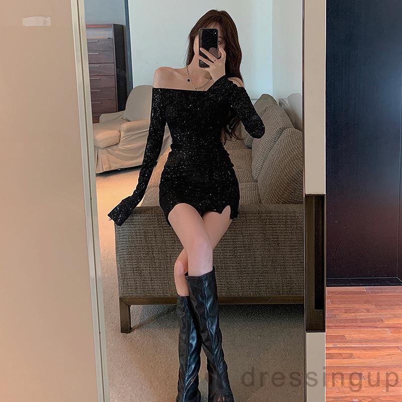 Đầm ôm dáng trễ vai màu đen đính đá thời trang cho nữ