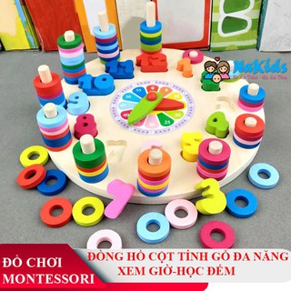 Đồ chơi đồng hồ gỗ kèm cột tính học đếm cho bé vừa học xem giờ vừa học đếm màu sắc