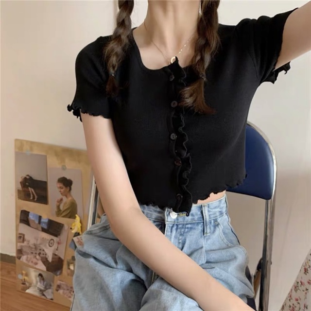 Áo croptop len dệt kim cổ tròn cúc ngực viền lượn sóng 20582 Ulzzang Style Hàng Quảng Châu