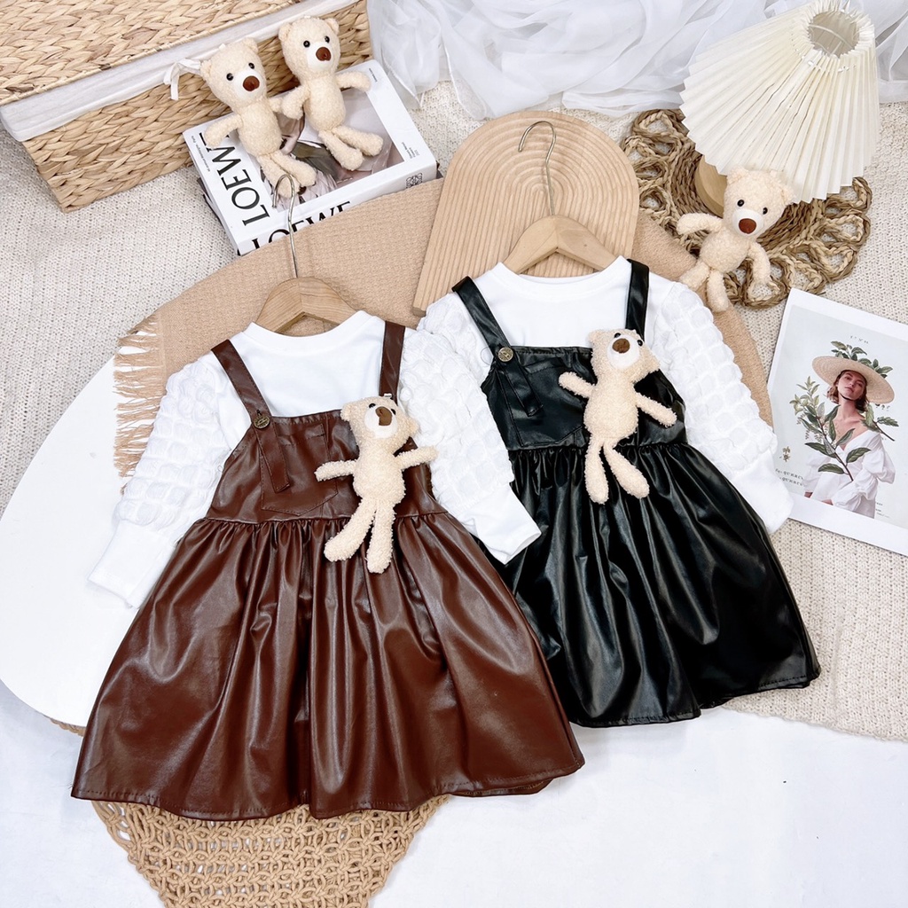Váy thu đông dài tay cho bé gái, váy yếm da kèm áo cotton tay xốp bồng TĂNG GẤU siêu xinh cho bé
