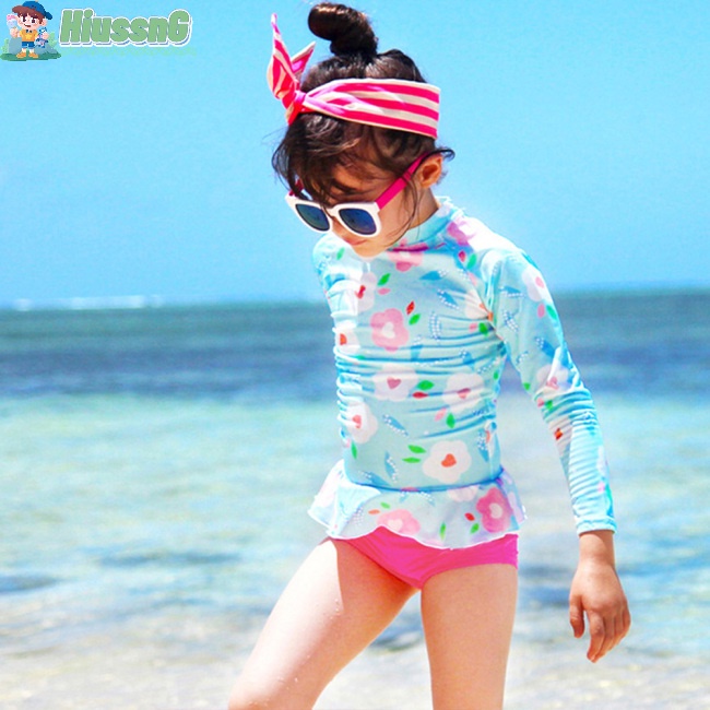 Bộ Đồ Bơi 2 Mảnh Áo Tay Dài + Chân Váy / Quần Chất Liệu Nhanh Khô Cho Bé Gái