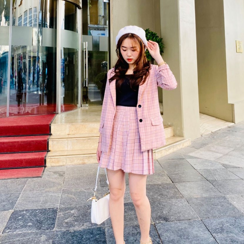 Áo Blazer Chân Váy Kẻ Xếp Ly Hai Lớp Hàng thiết kế Hachidesigns | BigBuy360 - bigbuy360.vn