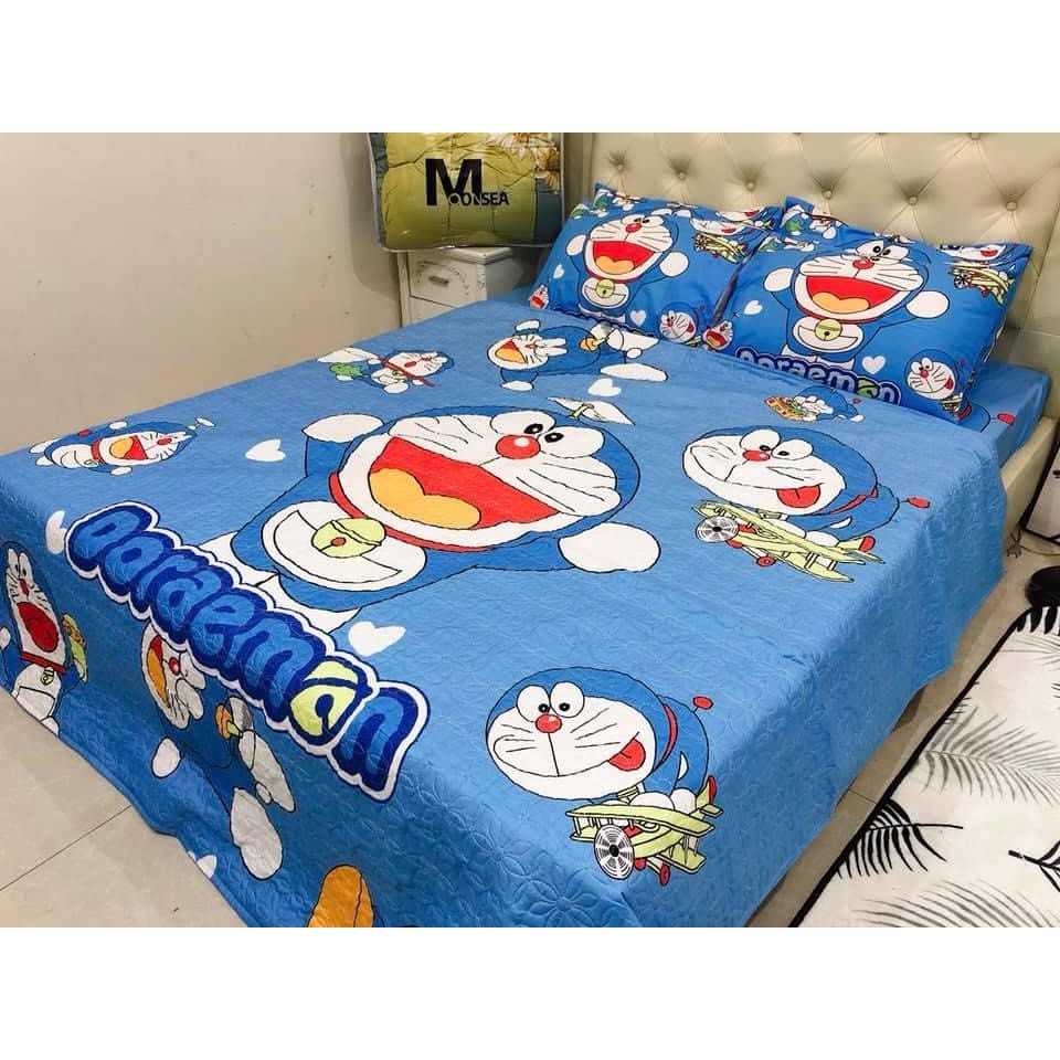 Trọn Bộ Chăn Ga Gối Hè Thu 5 Món Cotton Hoạt Hình Doremon