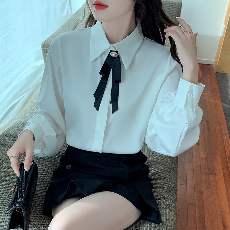 Áo sơ mi tay dài màu trắng trơn thắt nơ phía trước phong cách Hàn Quốc thời trang mùa thu cho nữ