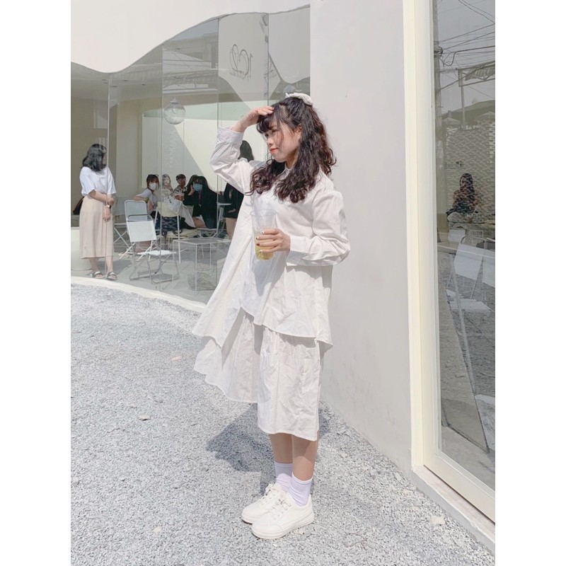Đầm babydoll trắng cổ polo