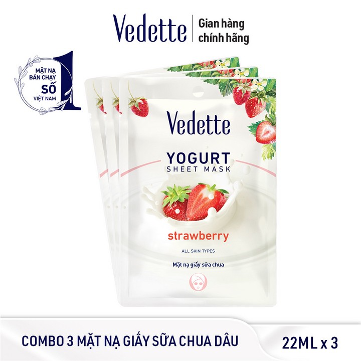 Combo 3 Mặt nạ giấy sữa chua Dâu tây Vedette 22ml x 3