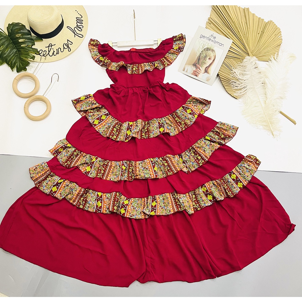 Đầm maxi thổ cẩm BOHO đi biển bẹt vai họa tiết nhíu tầng cá tính dã ngoại phong cách XUKA-DRESS DT05(hình thật tự chụp)