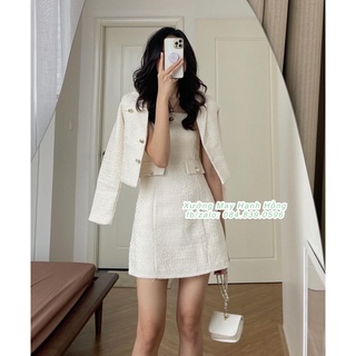Set váy hai dây kèm áo khoác dạ tweed trắng sữa - Xưởng May Hạnh Hồng