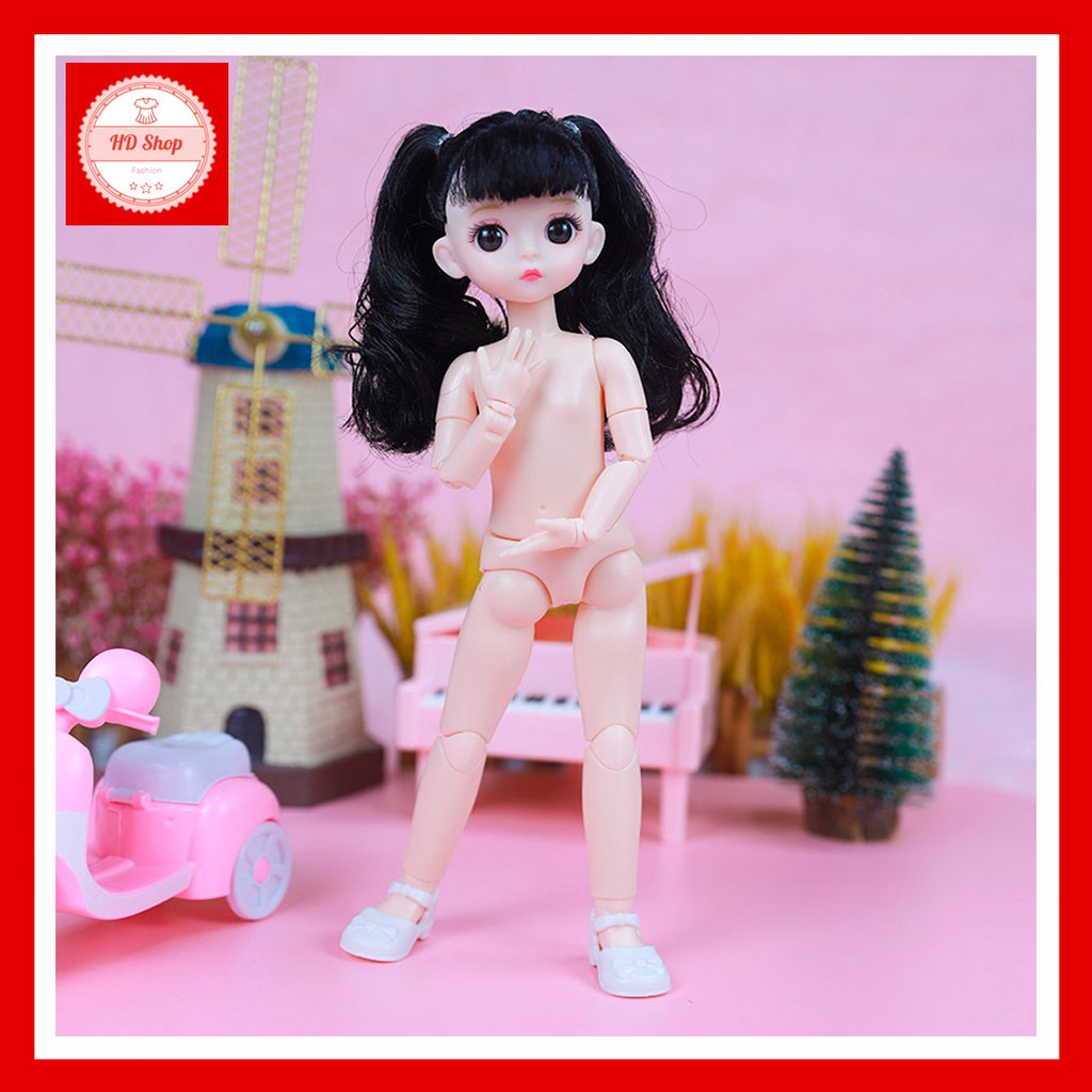 Búp bê công chúa cho bé cao 30cm 22 khớp tóc đen buộc 2 bên siêu cute kèm đầm xanh lá và giầy
