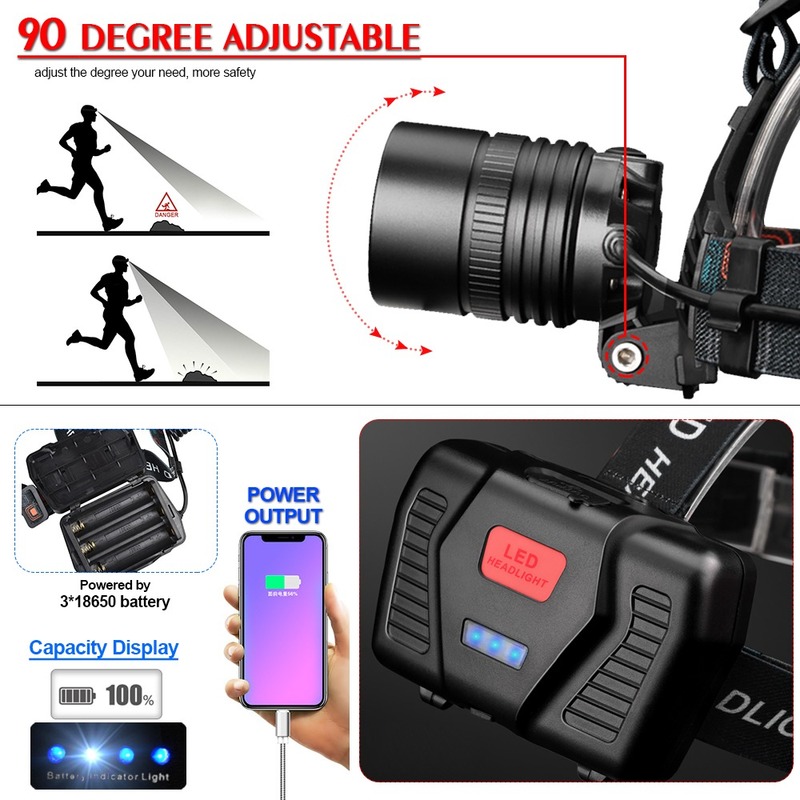 Đèn pin đội đầu Xhp50 siêu mạnh chống nước có thể sạc chất lượng