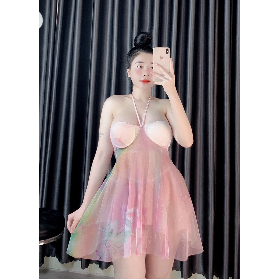 Đầm ngủ Lưới 2 Dây Sexy Nữ, Đầm Ngủ Lụa Nữ, Voan lưới mềm mại có mút ngực kèm quần, Freesize 40_55kg, tuỳ chiều cao.