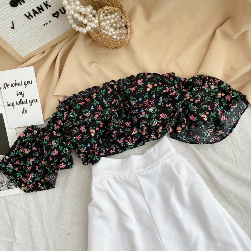 SET CROP BẸT VAI HOA + Quần SUÔNG TRẮNG | BigBuy360 - bigbuy360.vn
