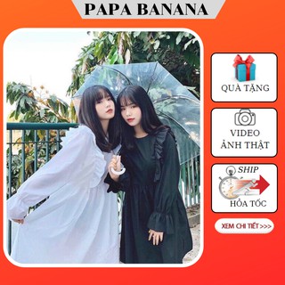 Váy BabyDoll bèo buộc nơ lưng, Đầm tiểu thư 2 màu đen trắng form rộng