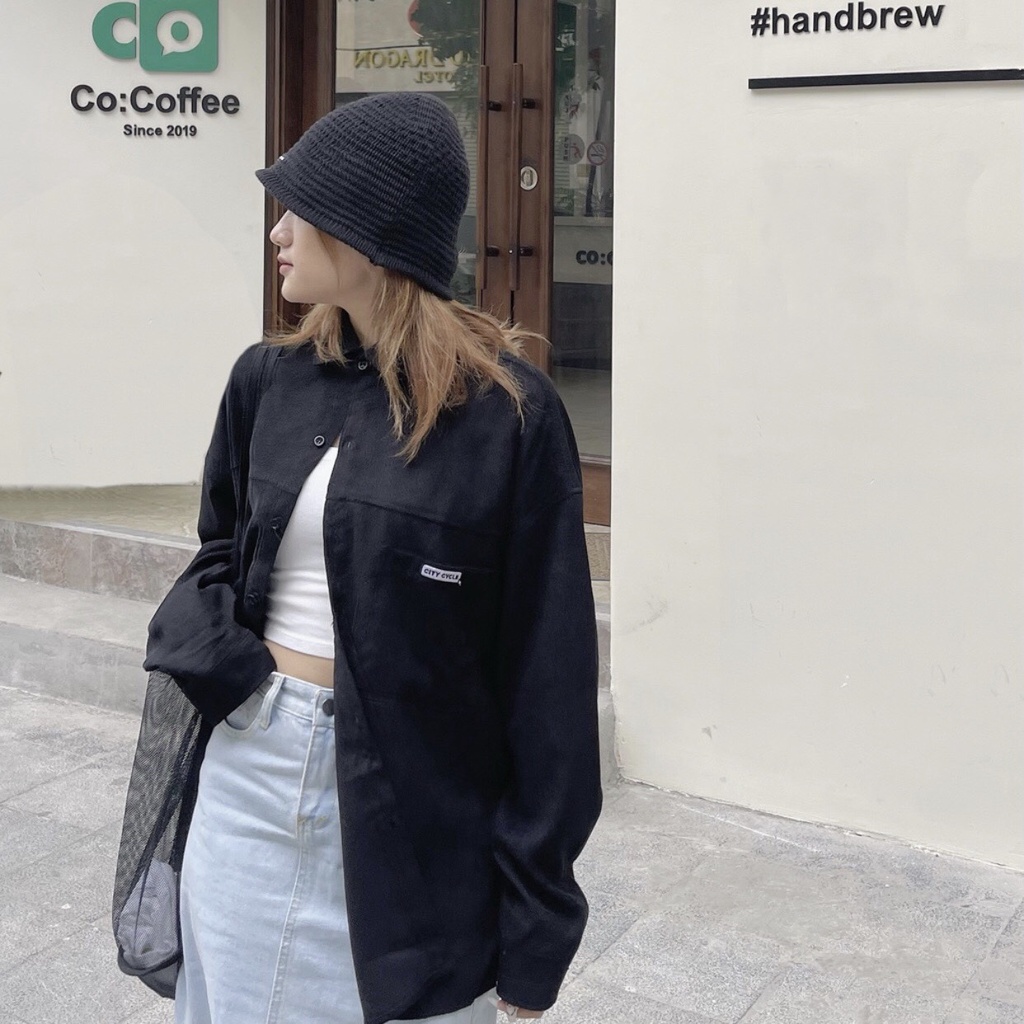 Áo sơ mi nhung tăm pocket - Áo sơ mi tay dài nam nữ form rộng